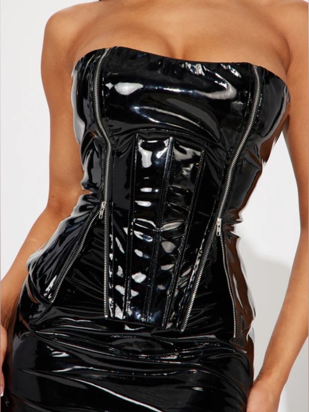Fashion Nova Goth “Losin Control Latex” Black Patent Vinyl Zippered Corset Top